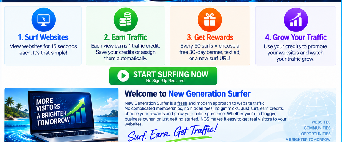 How New Generation Surfer works: surf websites, earn traffic, get rewards and grow your traffic